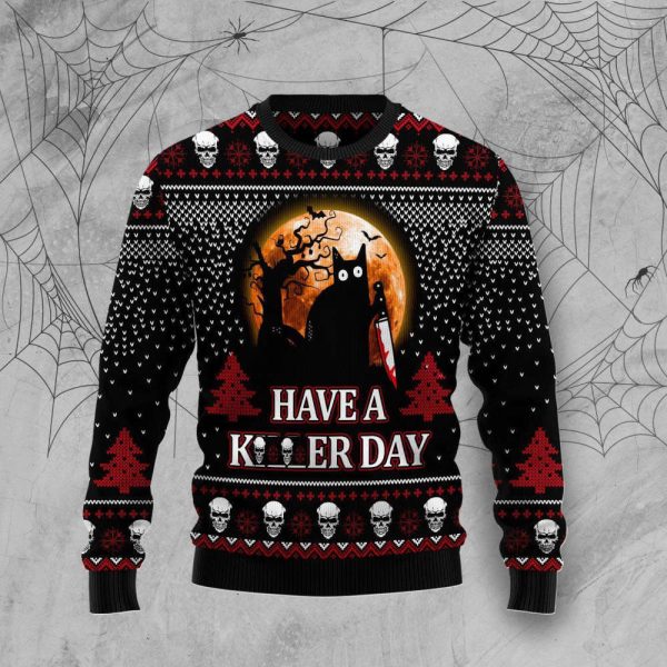 Cat Ugly Sweater Black Cat Halloween Have A Killer Day Black Red – Gift For Chrismass