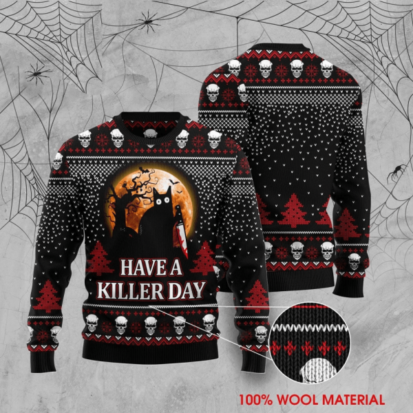 Cat Ugly Sweater Black Cat Halloween Have A Killer Day Black Red – Gift For Chrismass