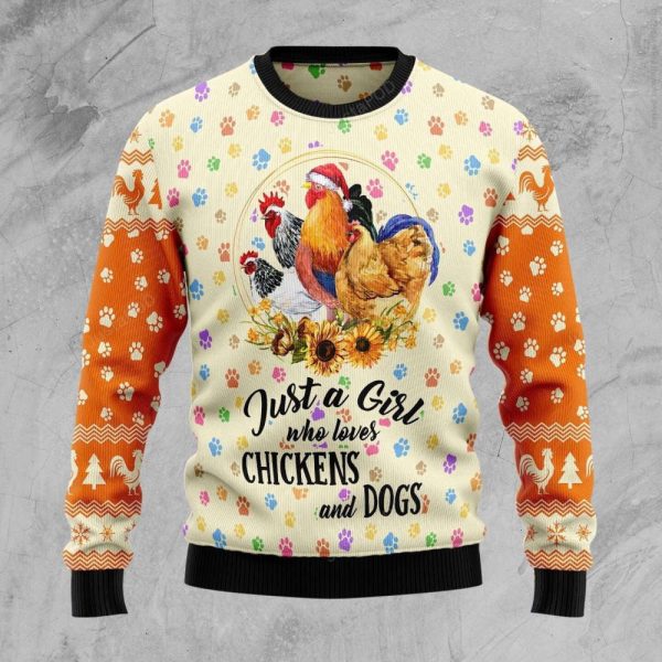 Chickens & Dogs Ugly Christmas Sweater: 3D All-Over Printed Fun for Girls Who Love Animals