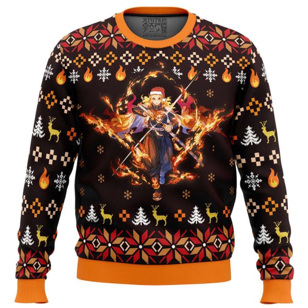 Cozy Rengoku Demon Slayer Christmas Sweater – Comfimerch: Ignite Holiday Spirit Perfect Christmas Gift