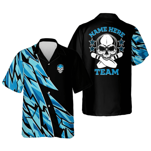 Custom Blue Skull Button-Down Hawaiian Shirt for Men: Bowling Team Casual