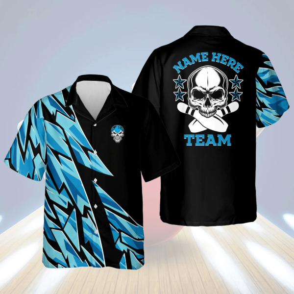 Custom Blue Skull Button-Down Hawaiian Shirt for Men: Bowling Team Casual