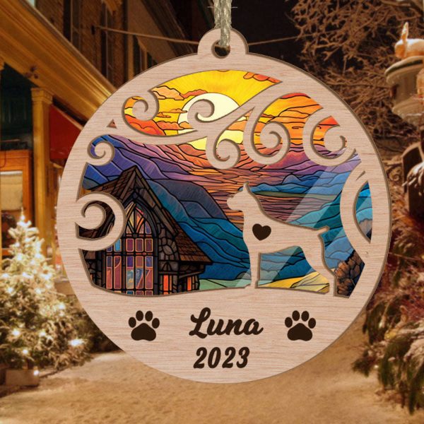 Custom Suncatcher Ornament Boxer – Sunset Background Custom Name and Year Christmas Gift for Dog Lover