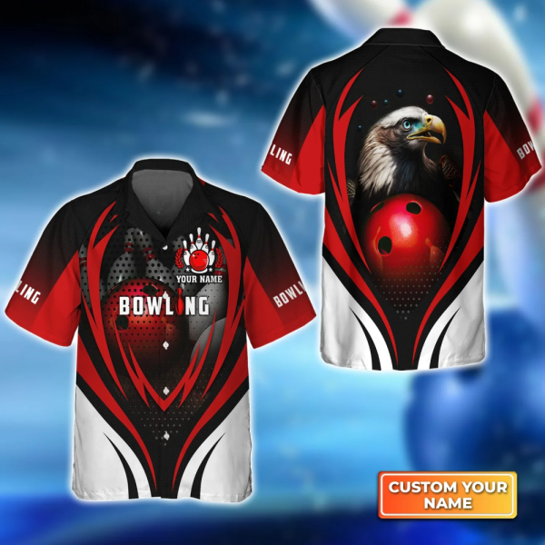 Eagle Bowling Team Hawaiian Shirt – Custom 3D Red Ball Design for Men & Women