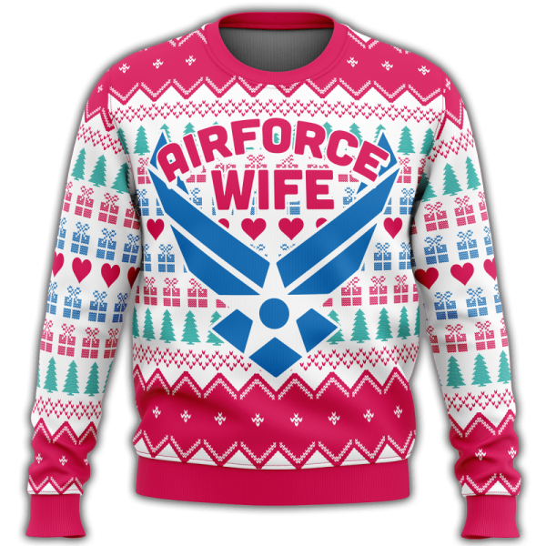 F89 Veteran Sweater: Air Force Wife Christmas Pattern White Pink Ugly Sweater