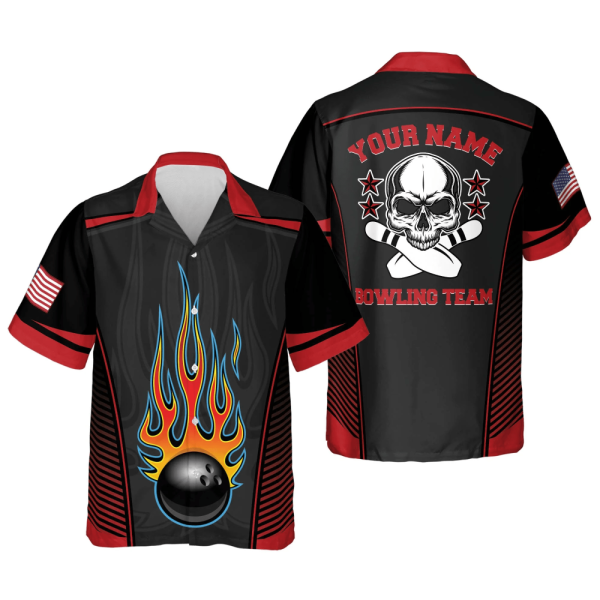 Flame Skull Button-Down Hawaiian Bowling Shirt – Perfect Bowling Team Gift