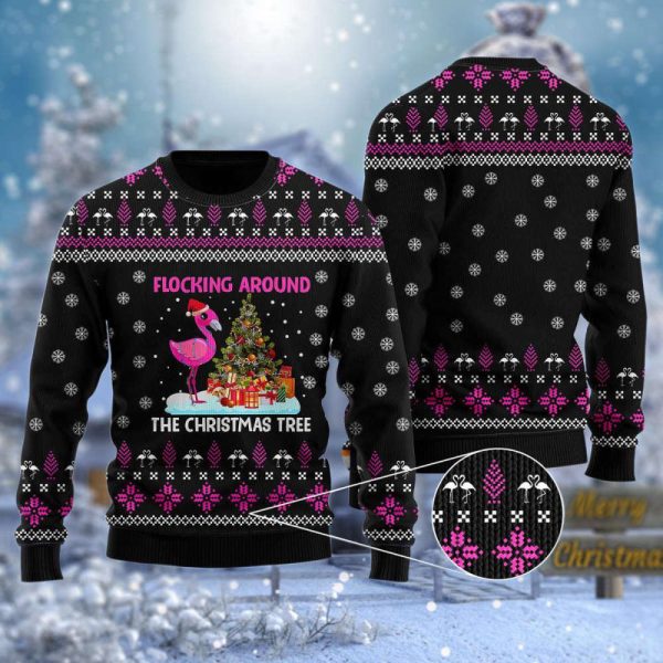 Flamingo Flocking Around The Christmas Tree Ugly Sweater