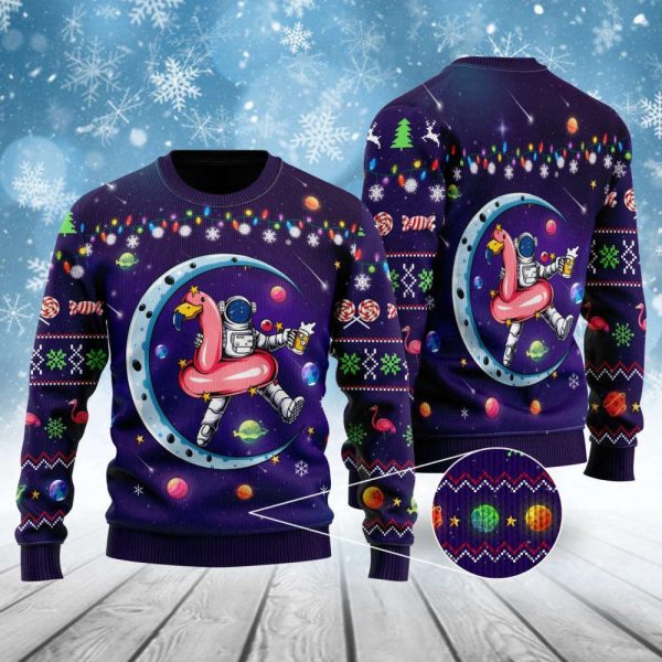 Funny Astronauts Sit On Flamingo Floats In Space With The Planet Ugly Christmas Sweater For Men & Women UH1802