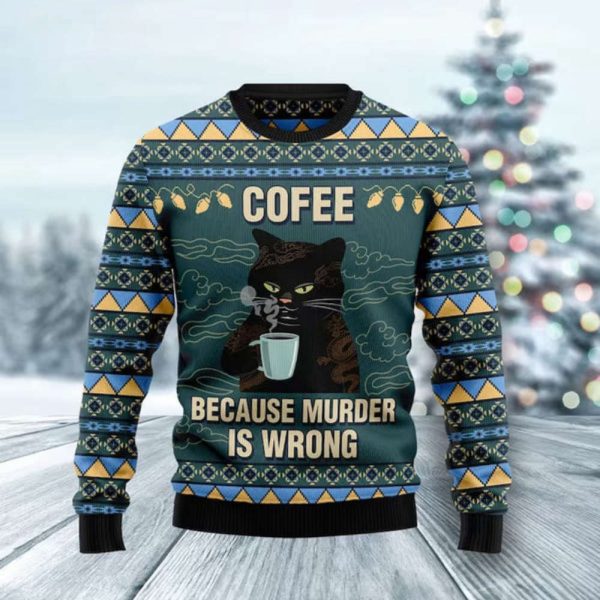 Funny Black Cat Coffee Ugly Christmas Sweater – Gift for Cat Lovers