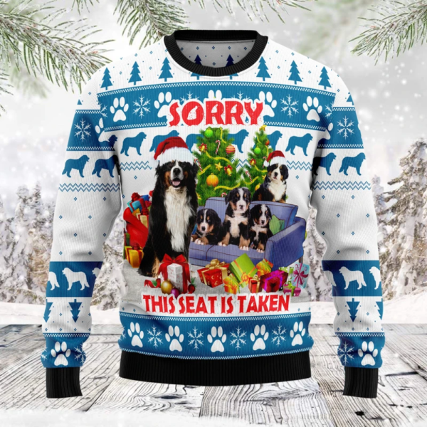 Get Festive with our Bernese Mountain Dog Ugly Christmas Sweater – This Seat Is Taken!