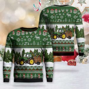 Green Christmas Tractor Christmas Sweater 3D…