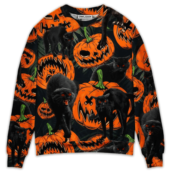 Halloween Black Cat Pumpkin Scary Tropical – Sweater – Ugly Christmas Sweaters 3D AOP Shirt