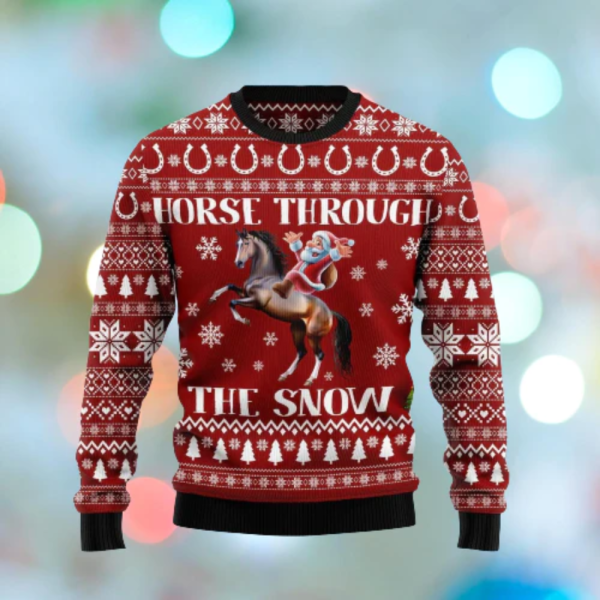 Horse Christmas Ugly Sweater Santa Claus Horse Through The Snow Red White Sweater
