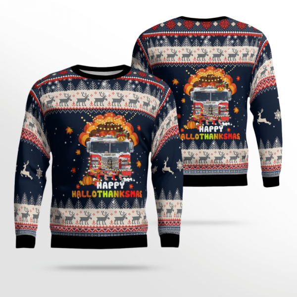 Jersey City Fire Dept Happy Hallothanksmas Ugly Christmas Sweater – Gift For Christmas Day