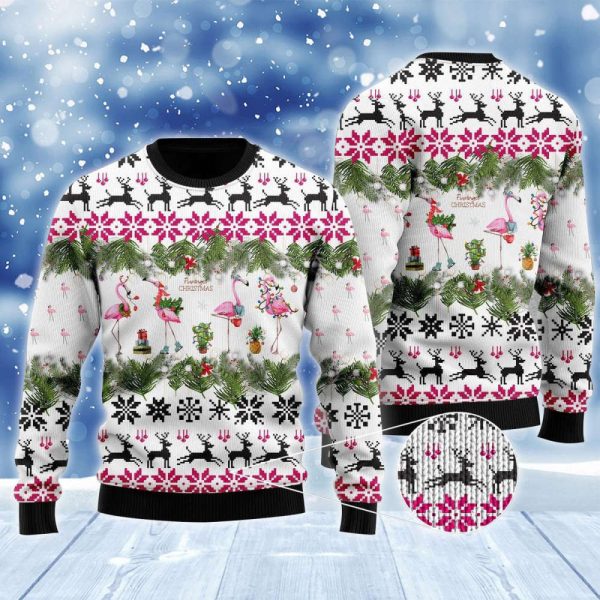 Jingle Bells And Pink Flamingo Xmas Ugly Sweater