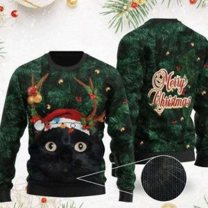 Merry Black Cat Ugly Christmas Sweater:…