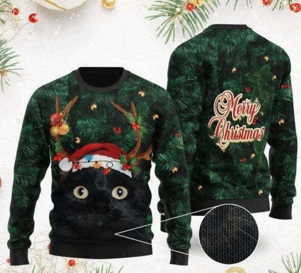 Merry Black Cat Ugly Christmas Sweater: Festive All Over Print Sweatshirt