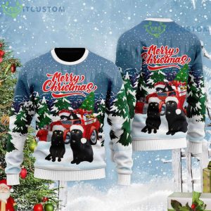 Merry Christmas Black Cat And Red Car Christmas Gift Ugly Christmas Sweater