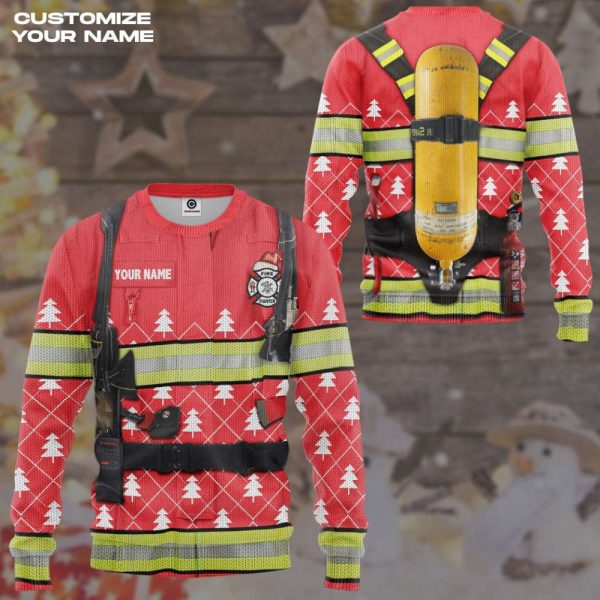 Personalized Custom Name 3D Firefighter Ugly Sweater
