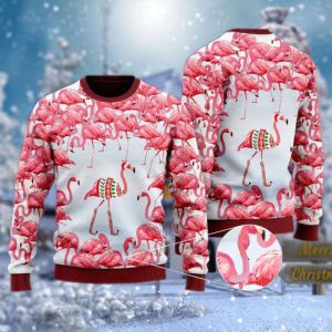 Pink Flamingo Christmas Village Ugly Sweater