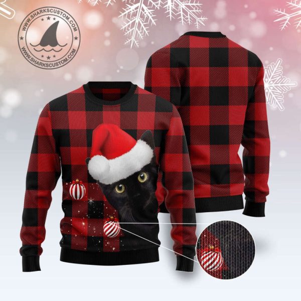 Plaid Pattern Black Cat Ugly Christmas Sweater
