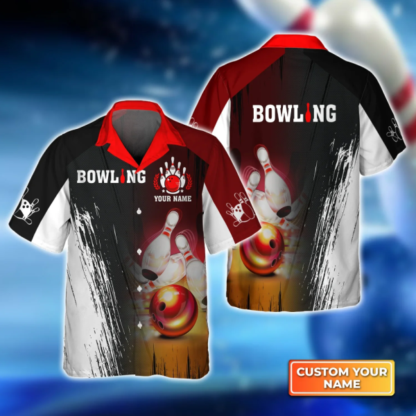 Red Bowling Ball Crashing Pins 3D Hawaiian Shirt – Stylish Unisex Bowling Team Apparel
