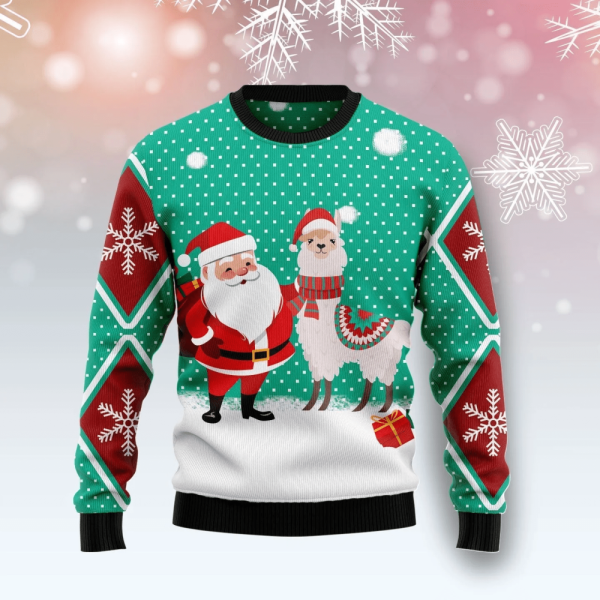 Santa Claus & Llama Ugly Sweater: Festive Green & Red Snowflake Design – Gift For Christmas