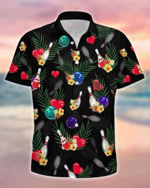 Simple Tropical Bowling Heart Black Unisex Hawaiian Shirts