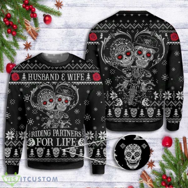 Skull Husband & Wife Riding Partners – 3D Ugly Sweater