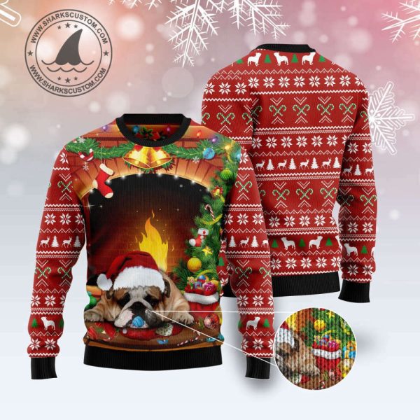 Sleeping Bulldog Christmas SweaterHoliday Gift Noel Christmas