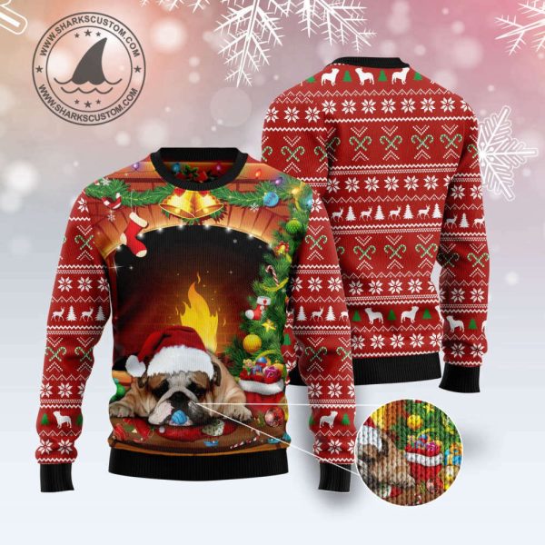 Sleeping Bulldog Christmas Ugly Sweater – Festive Holiday Apparel for Dog Lovers