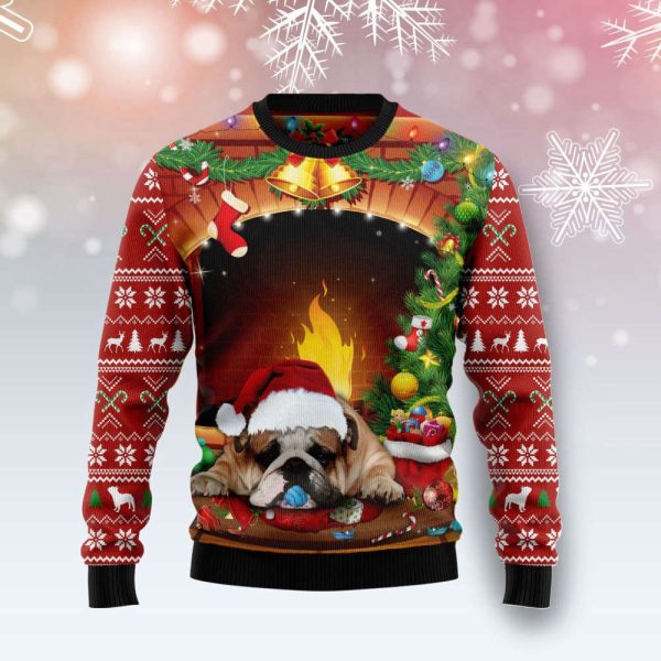 Sleeping Bulldog Christmas Ugly Sweater – Festive Holiday Apparel for Dog Lovers