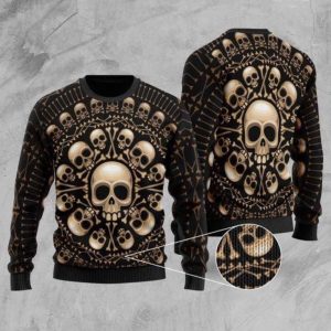 Spooktacular Skull Pattern Ugly Christmas Sweater…