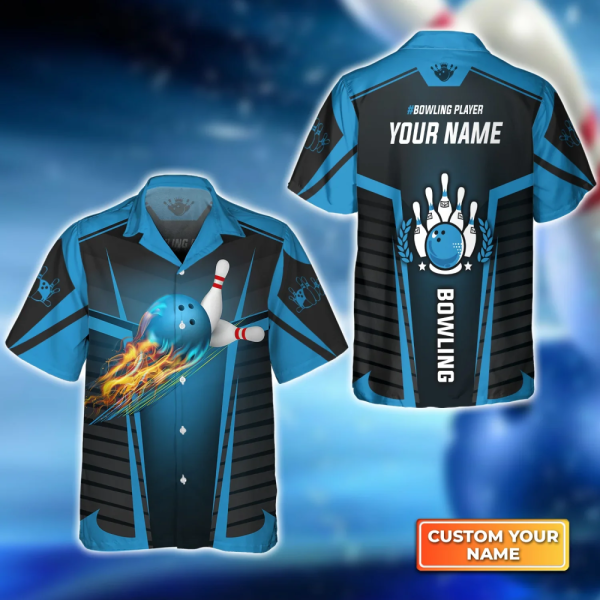 Flaming Blue Bowling Ball Breaks Personalized Name 3D Hawaiian Shirt – Perfect for Bowling Team