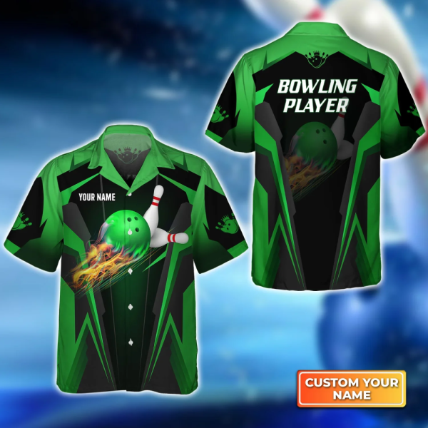 Flaming Green Bowling Ball Breaks White Skittles Hawaiian Shirt – Perfect for Bowling Team