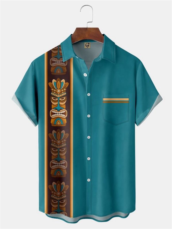 Tiki Chest Pocket Short Sleeve Bowling Hawaiian Shirt