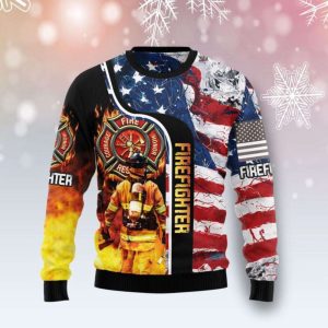 Firefighter USA Flag Ugly Christmas Sweater…