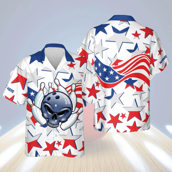 USA Bowling Button-Down Shirt: Short Sleeve Hawaiian Flag Design