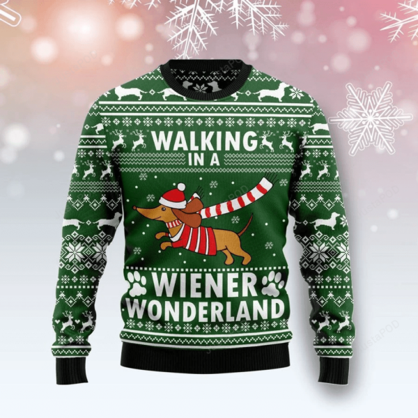 Wiener Wonderland Ugly Christmas Sweater 3D Dog Walking Printed Sweater