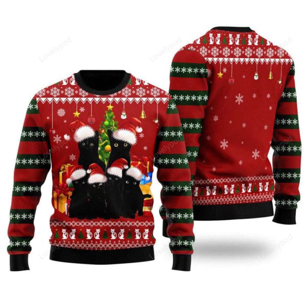 Black Cat Family Christmas Ugly Christmas Sweater, Gift for cat lover