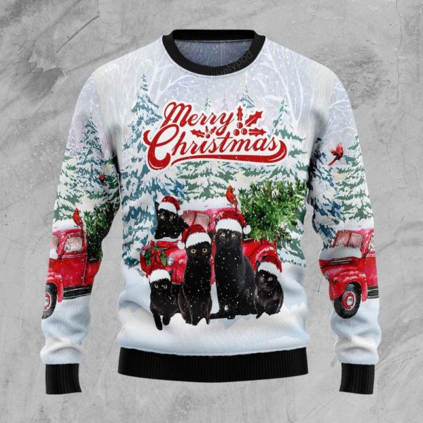 Black Cat Merry Christmas Ugly Christmas Sweater, Christmas gift for cat lover