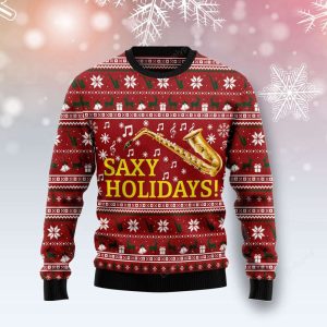 Saxy Holidays Saxophone Ugly Christmas Sweater,…