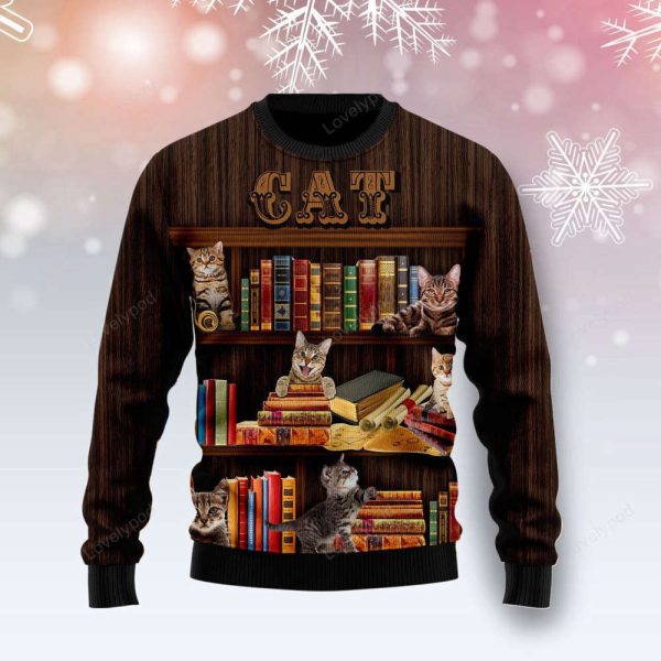 Cat Bookcase Ugly Christmas Sweater For Men & Women Adult