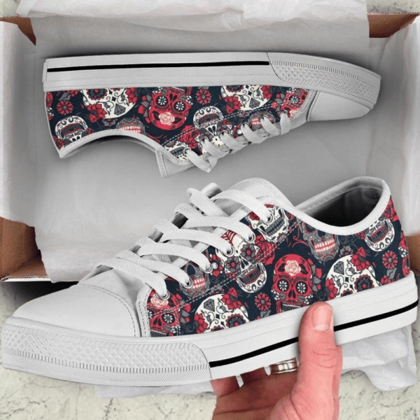 Day Of Dead Read And White Skulls Low Top Shoes  PN206176Sb