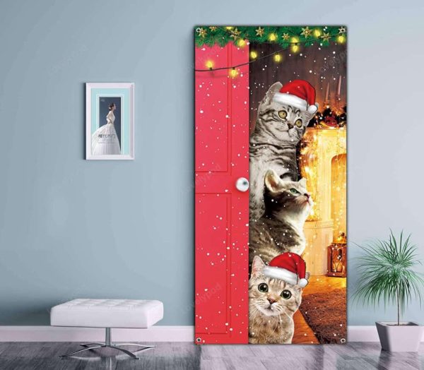 Cute Cats Merry Christmas Door Cover – Funny Cats Door Banner Decoration