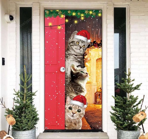 Cute Cats Merry Christmas Door Cover – Funny Cats Door Banner Decoration