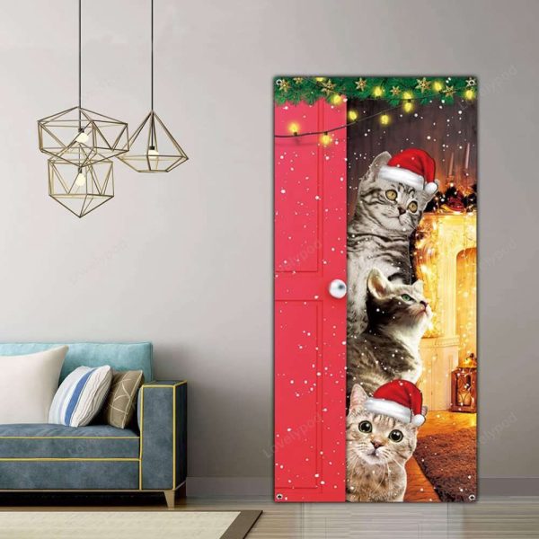 Cute Cats Merry Christmas Door Cover – Funny Cats Door Banner Decoration