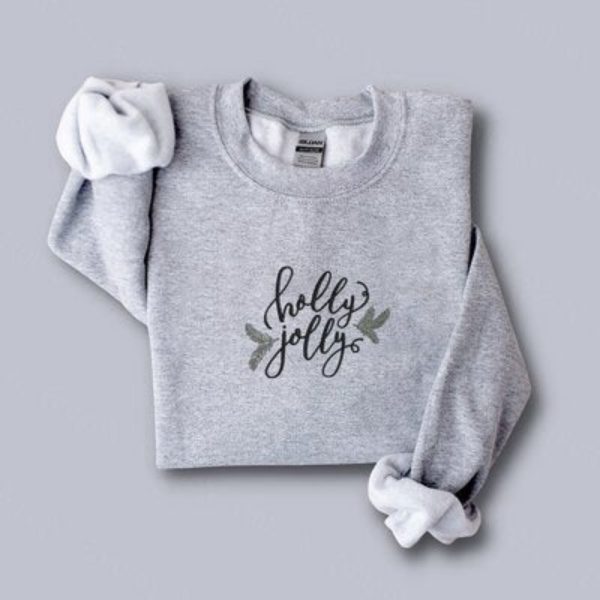 Holly Jolly Christmas Embroidered Sweatshirt 2D Crewneck Sweatshirt  For Family