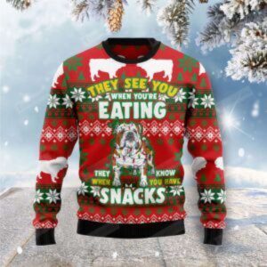 Bulldog Snacks Ugly Christmas Sweater, Gift…