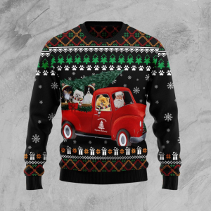 Pomeranian And Red Truck Christmas Ugly…